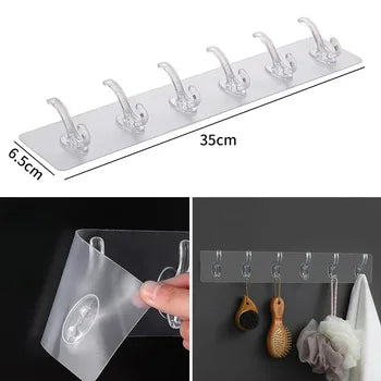 6Row Multipurpose Hooks Nail-free Transparent Holder Strong Self Adhesive Wall Hook Kitchen Bathroom Traceless Hanger Stickers