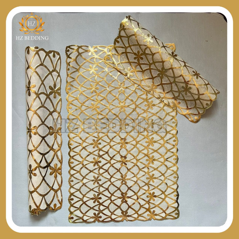 3pcs center table dressing table and side Table Mat Golden Large pcs size(15×36) And small 2pcs size(12×18) Inches material vinyl soft plastic Premium Golden