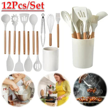 12 Pcs Silicone Cooking Utensils Kitchen Utensil Set - Heat Resistant Non-Toxic BPA Free Spatula Set with Turner Tongs,Spoon,Brush,Whisk-Wooden Handles Kitchen Gadgets Tools Set for Nonstick Cookware