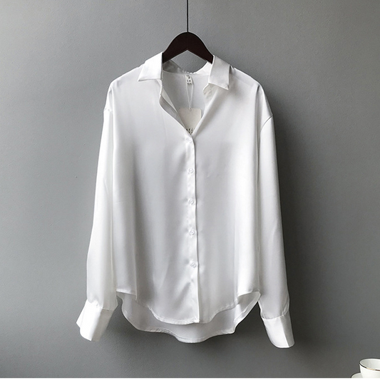 Silk Satin Vintage Button-Up Blouse – Women's Long Sleeve Shirt