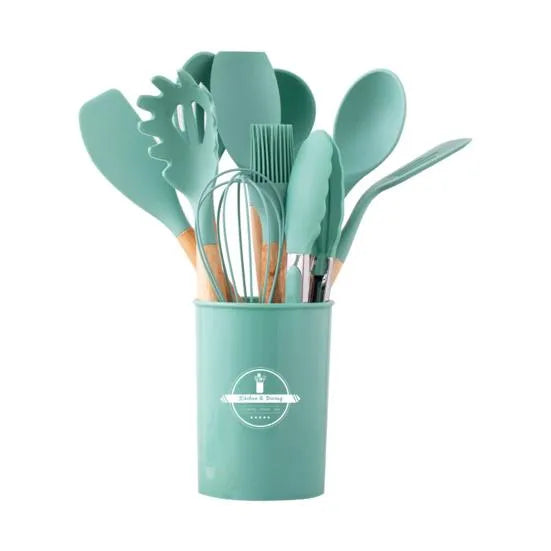 12 Pcs Silicone Cooking Utensils Kitchen Utensil Set - Heat Resistant Non-Toxic BPA Free Spatula Set with Turner Tongs,Spoon,Brush,Whisk-Wooden Handles Kitchen Gadgets Tools Set for Nonstick Cookware