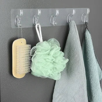 6Row Multipurpose Hooks Nail-free Transparent Holder Strong Self Adhesive Wall Hook Kitchen Bathroom Traceless Hanger Stickers