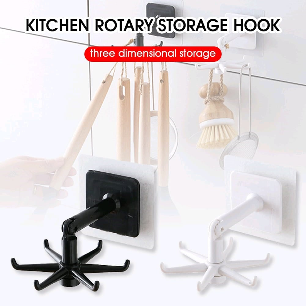 360 Degrees Self-Adhesive Hook Kitchen Bathroom Storage Hanger Wall Hanging Cabinet Shelf Rotating Folding Hooks Foldable Rotatable Mounted Organizer Holder Moisture Proof Swivel Seamless Hangers Mount Adhesive Strong Bearing Manual Detachable