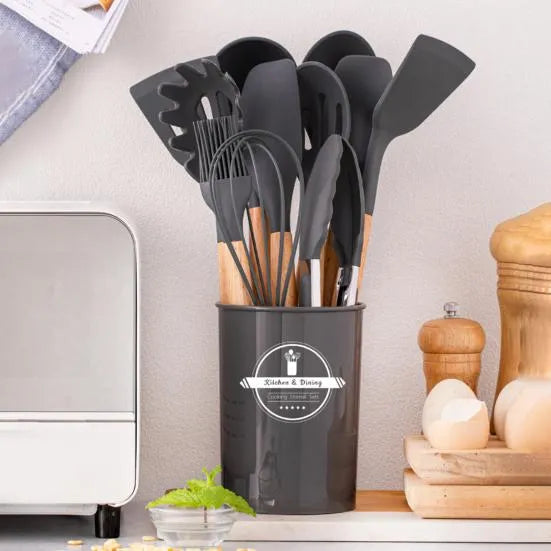 12 Pcs Silicone Cooking Utensils Kitchen Utensil Set - Heat Resistant Non-Toxic BPA Free Spatula Set with Turner Tongs,Spoon,Brush,Whisk-Wooden Handles Kitchen Gadgets Tools Set for Nonstick Cookware