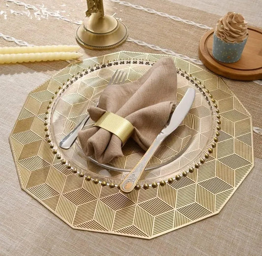 2/4/6 PVC Placemats & Coaster Golden Color Geometric Hollow Out Rose Flower Non Slip Dining Table Mats Coaster