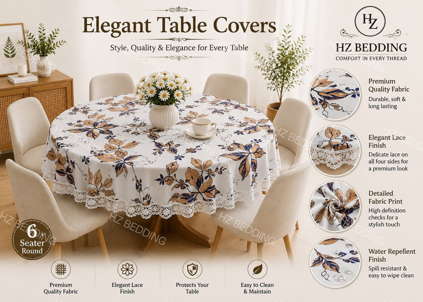 6 Seater Round Waterproof Table Cover with Elegant Lace Border
