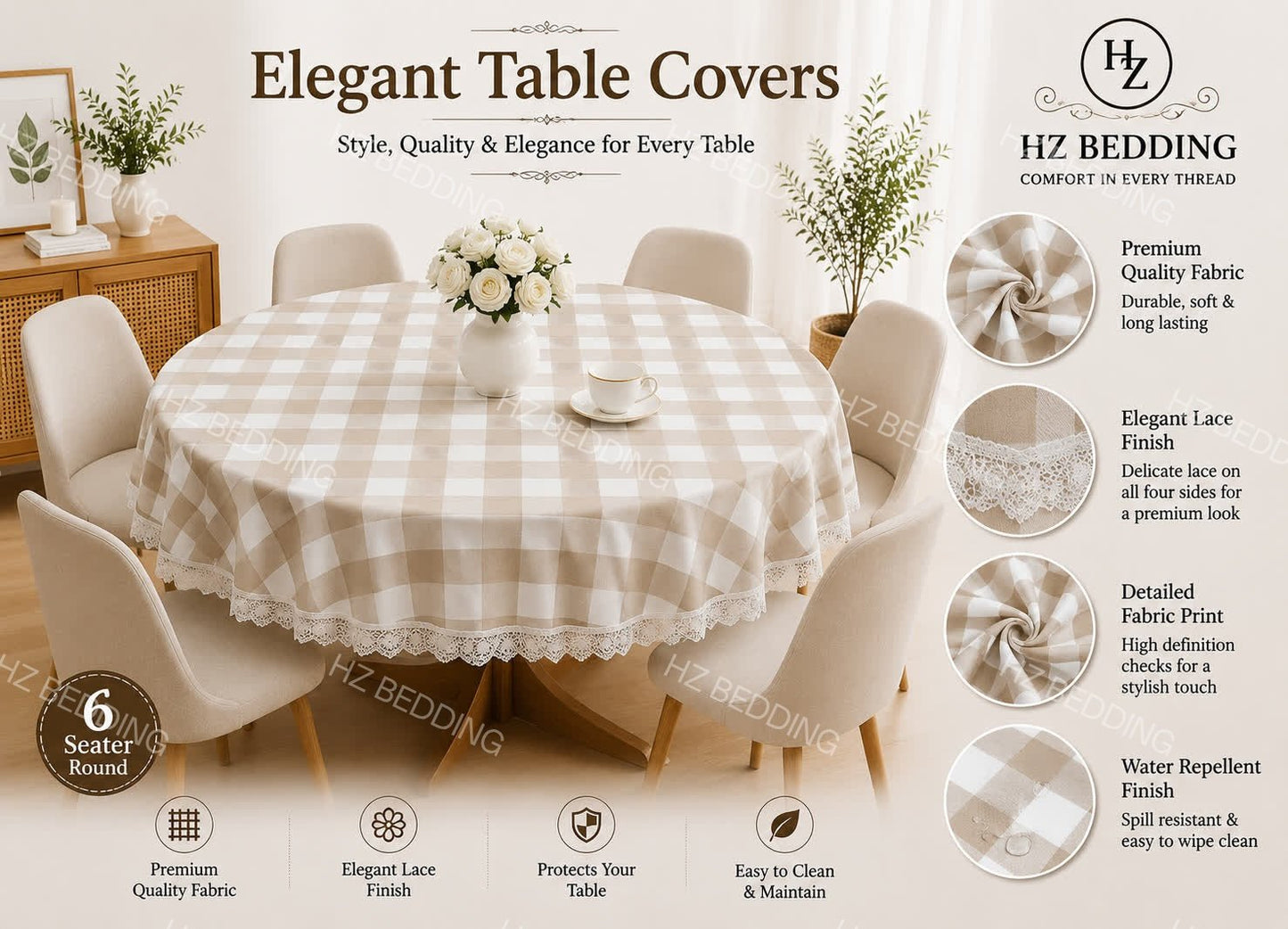 6 Seater Round Waterproof Table Cover with Elegant Lace Border New Design B