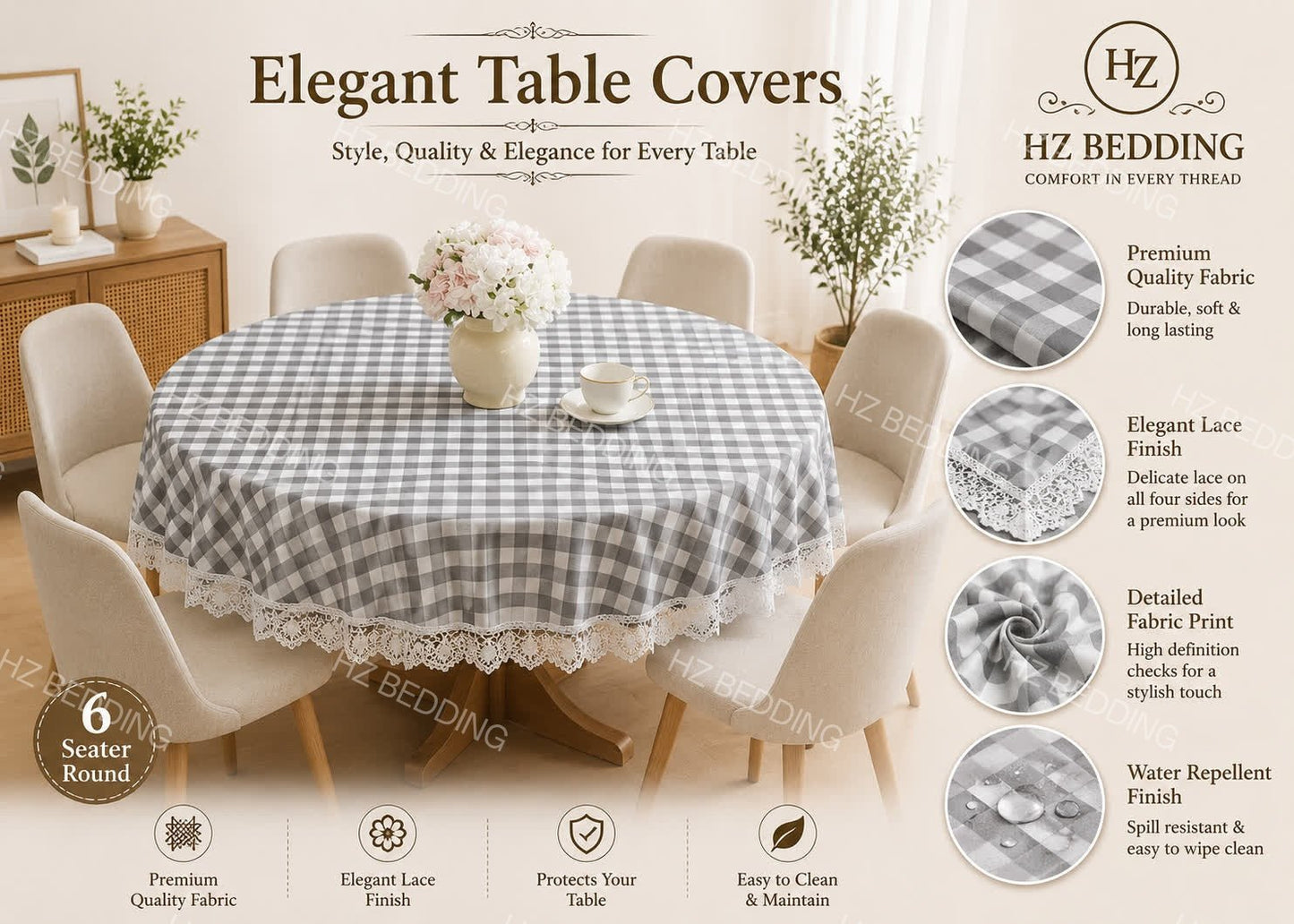 6 Seater Round Waterproof Table Cover with Elegant Lace Border New Design C