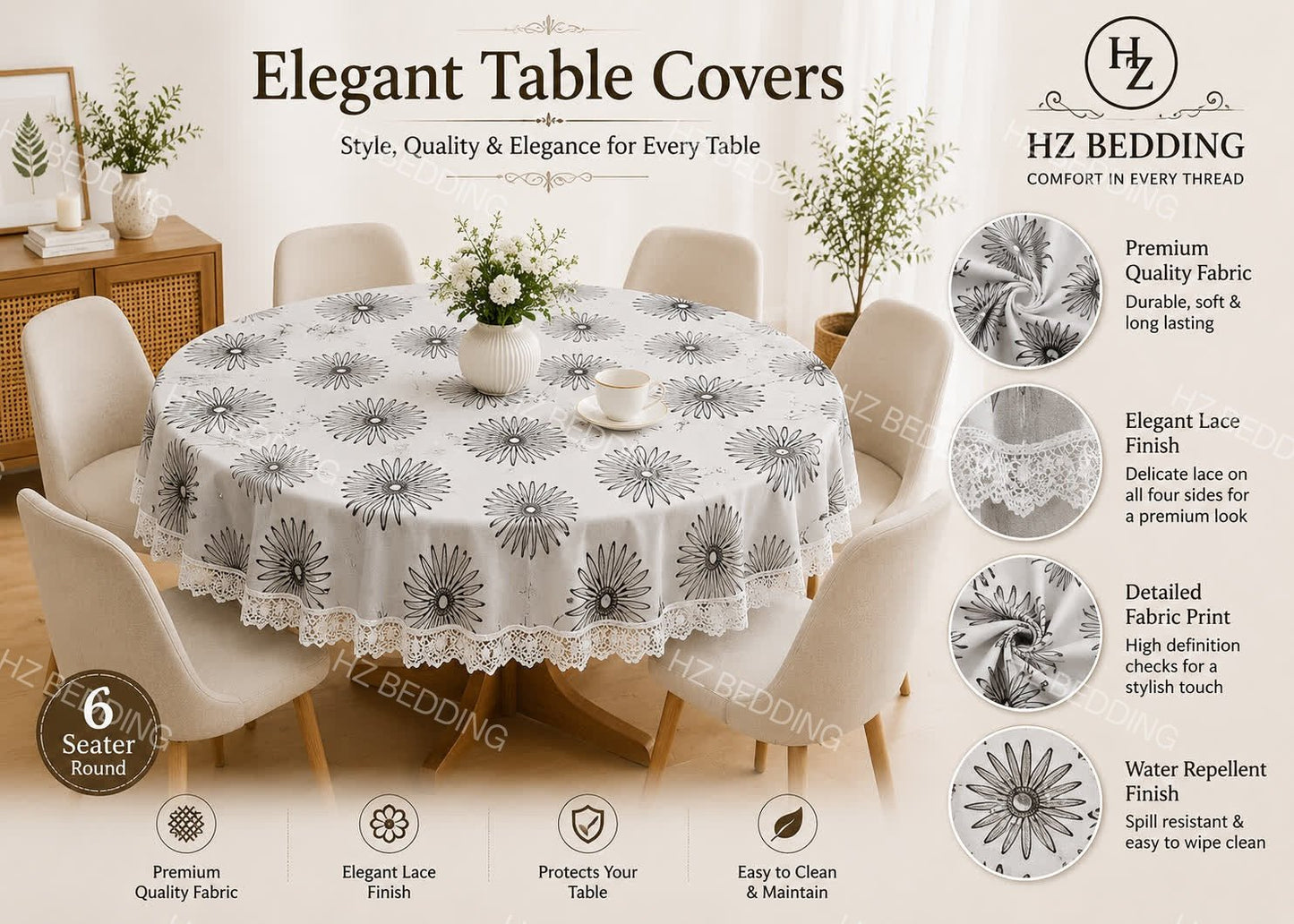 6 Seater Round Waterproof Table Cover with Elegant Lace Border New Design D