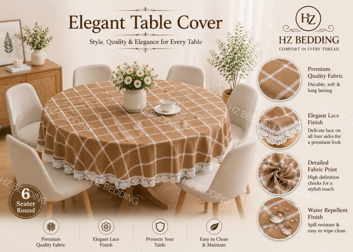 6 Seater Round Waterproof Table Cover with Elegant Lace Border New Design J