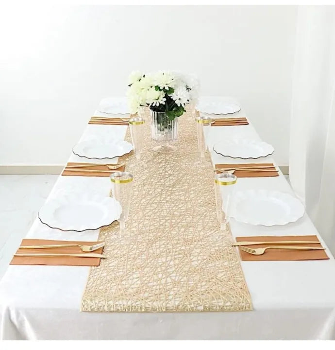 5 feet Gold Reversible Metallic Woven Vinyl Plastic Table Runner Wedding Party Events Receptions Home Decorations Supplies
