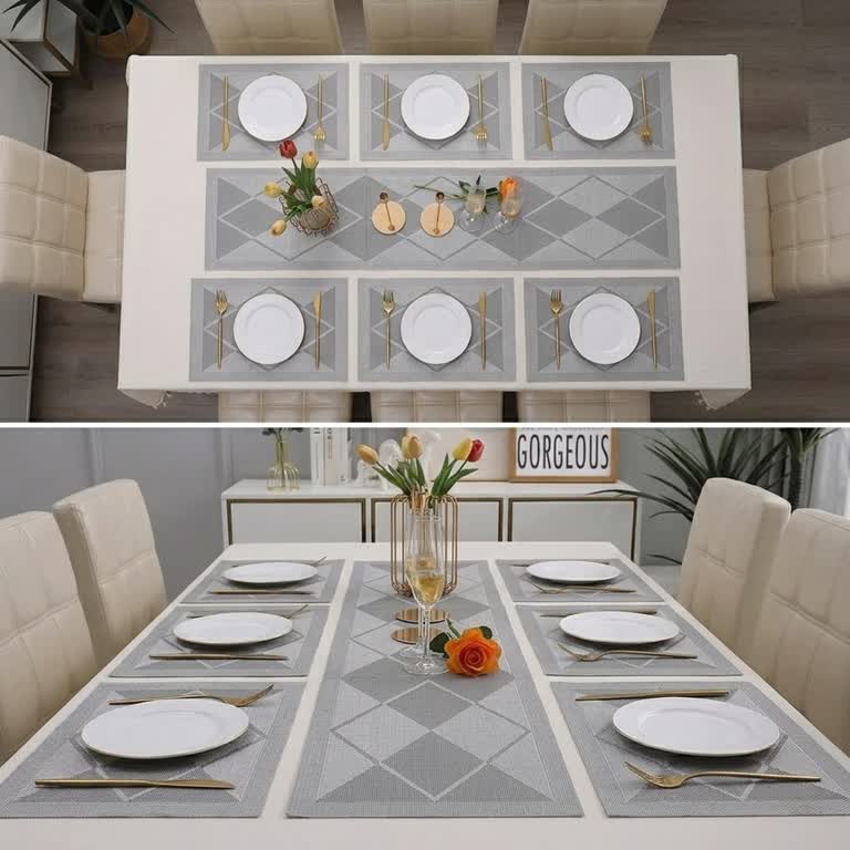 7 Pcs Dining Table Mat & Runner Set – Washable, Heat Resistant New Silver