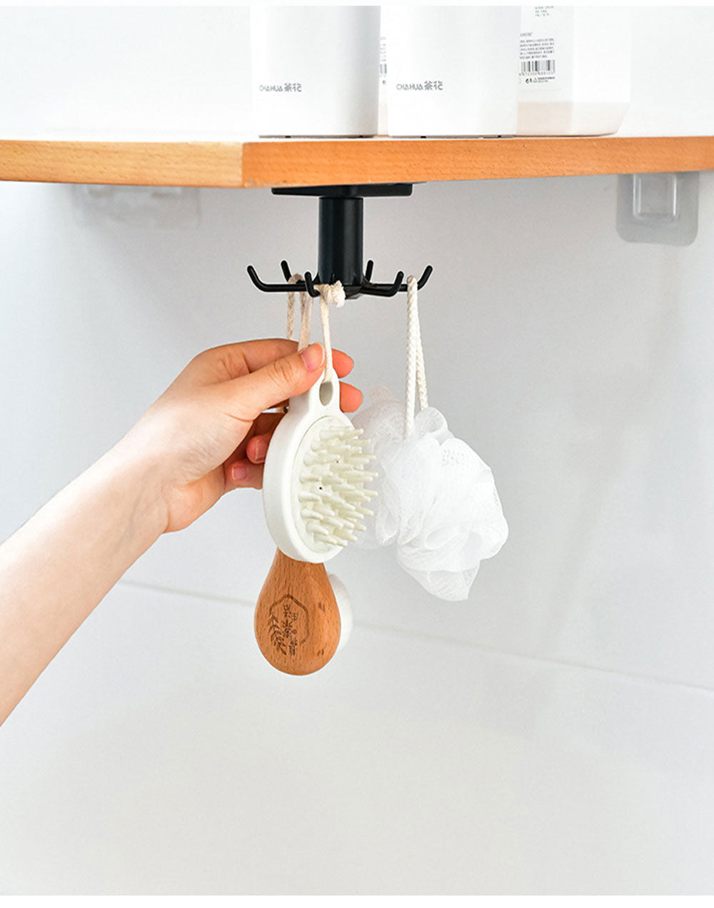 360 Degrees Self-Adhesive Hook Kitchen Bathroom Storage Hanger Wall Hanging Cabinet Shelf Rotating Folding Hooks Foldable Rotatable Mounted Organizer Holder Moisture Proof Swivel Seamless Hangers Mount Adhesive Strong Bearing Manual Detachable