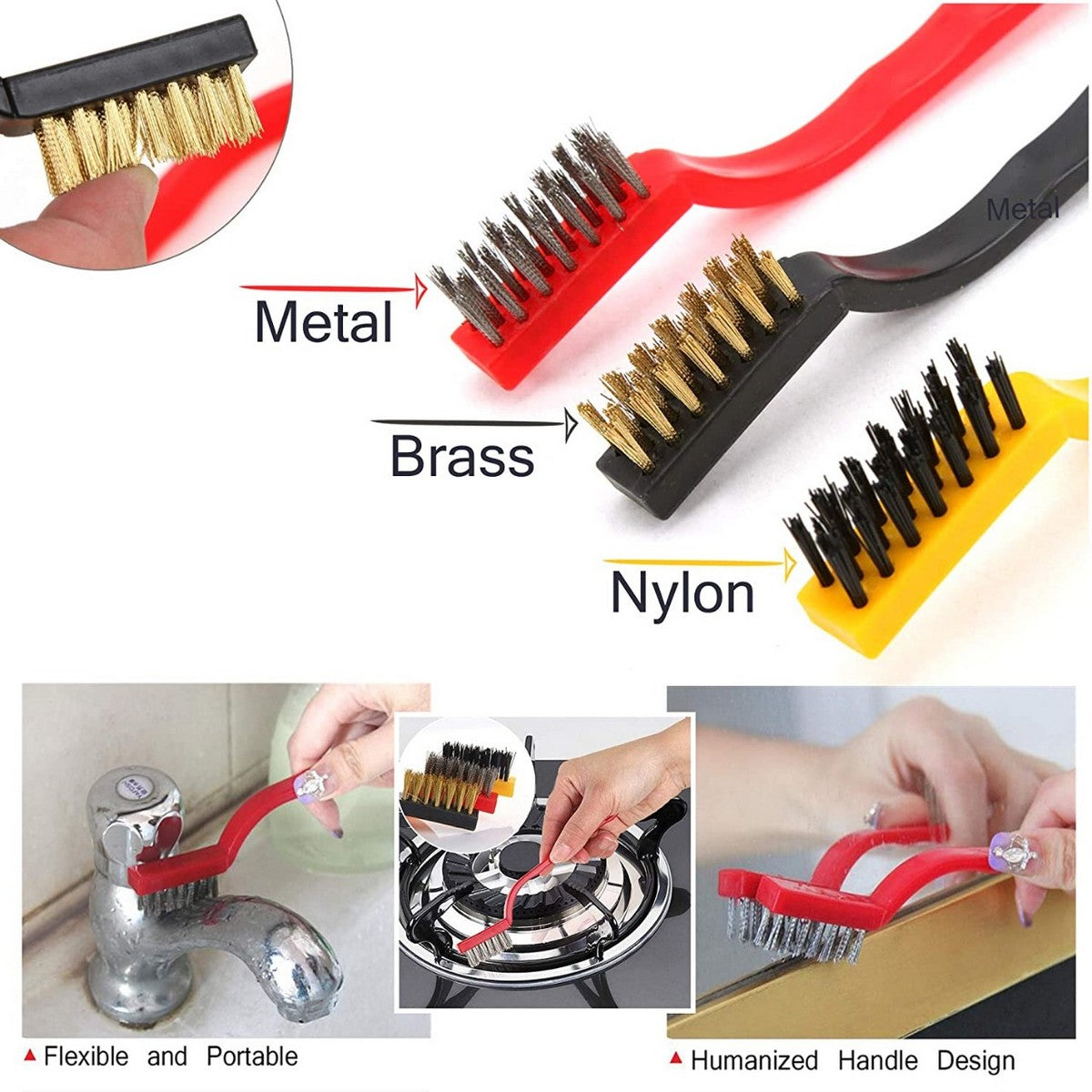 3Pcs/set Cleaning Wire Brush Kitchen Tools Stainless Steel Nylon Rust Remove Brushes Cleaner For Pot Household Cleaning Supplies