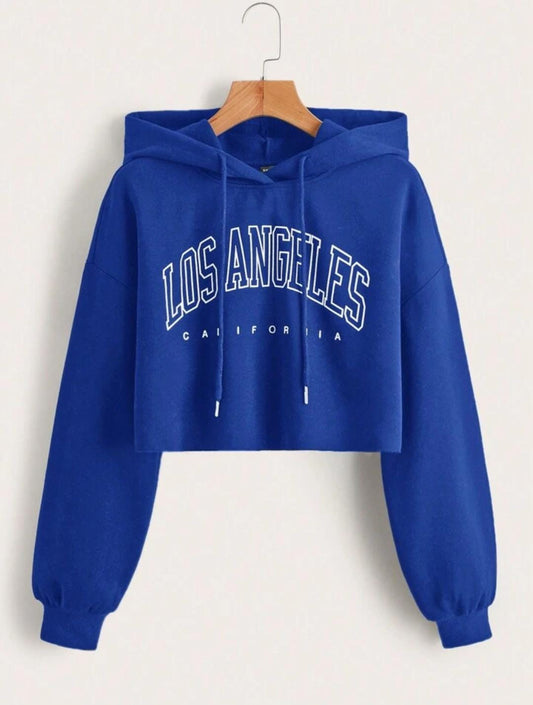 Los Angeles Printed Fleece Full Sleeves Pull Over Crop Top Hoodie For Girl & Women