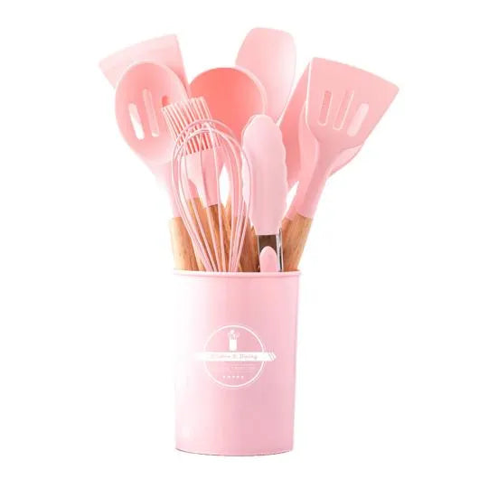 12 Pcs Silicone Cooking Utensils Kitchen Utensil Set - Heat Resistant Non-Toxic BPA Free Spatula Set with Turner Tongs,Spoon,Brush,Whisk-Wooden Handles Kitchen Gadgets Tools Set for Nonstick Cookware