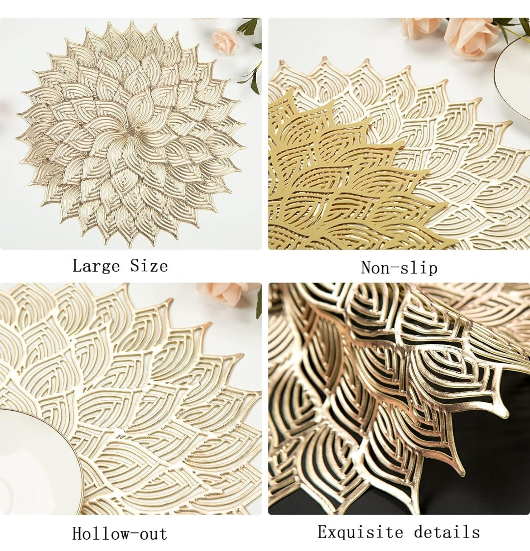 2/4/6 PVC Round Gold Placemats Elegant Tablemats-Dandelion Flower Shape Placemats Vinyl Place Mats for Kitchen Dining Table Holiday Wedding