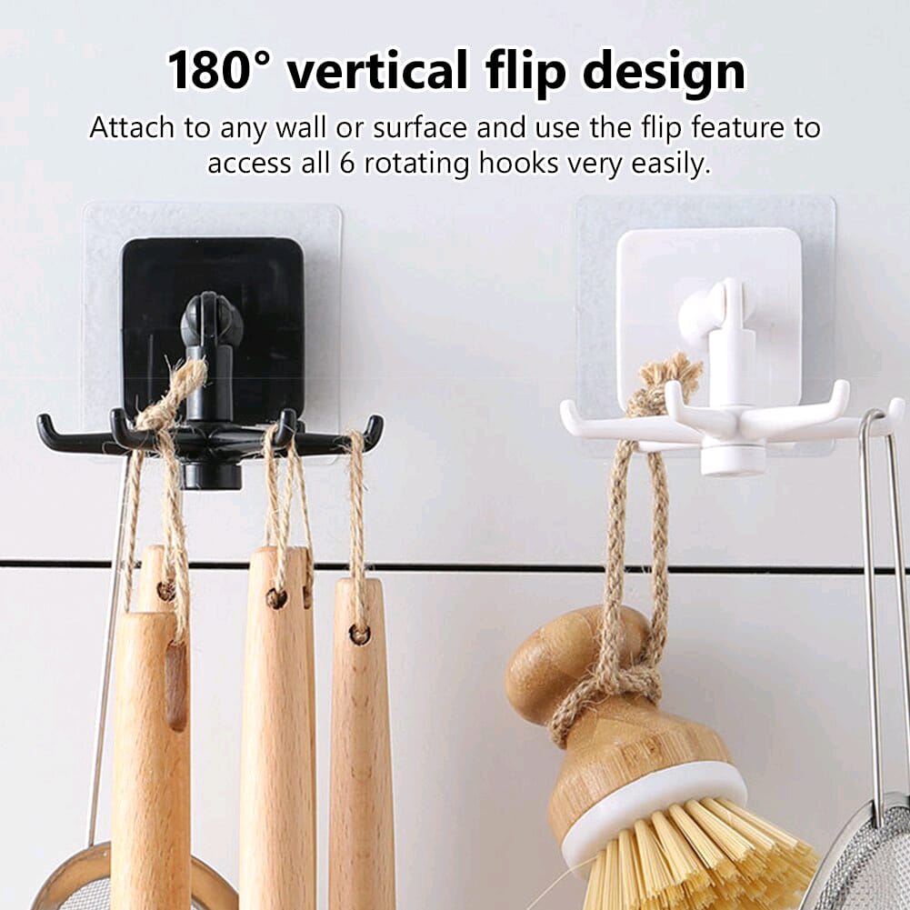 360 Degrees Self-Adhesive Hook Kitchen Bathroom Storage Hanger Wall Hanging Cabinet Shelf Rotating Folding Hooks Foldable Rotatable Mounted Organizer Holder Moisture Proof Swivel Seamless Hangers Mount Adhesive Strong Bearing Manual Detachable