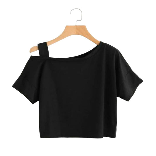 Black Plain Printed Cotton Off Shoulder Cropped T-Shirt For Women