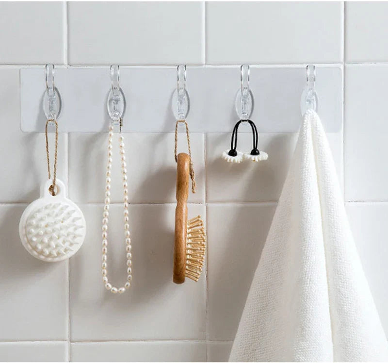6Row Multipurpose Hooks Nail-free Transparent Holder Strong Self Adhesive Wall Hook Kitchen Bathroom Traceless Hanger Stickers