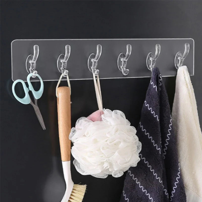 6Row Multipurpose Hooks Nail-free Transparent Holder Strong Self Adhesive Wall Hook Kitchen Bathroom Traceless Hanger Stickers