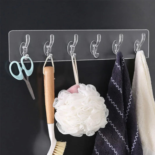 6Row Multipurpose Hooks Nail-free Transparent Holder Strong Self Adhesive Wall Hook Kitchen Bathroom Traceless Hanger Stickers