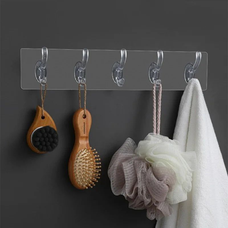 6Row Multipurpose Hooks Nail-free Transparent Holder Strong Self Adhesive Wall Hook Kitchen Bathroom Traceless Hanger Stickers
