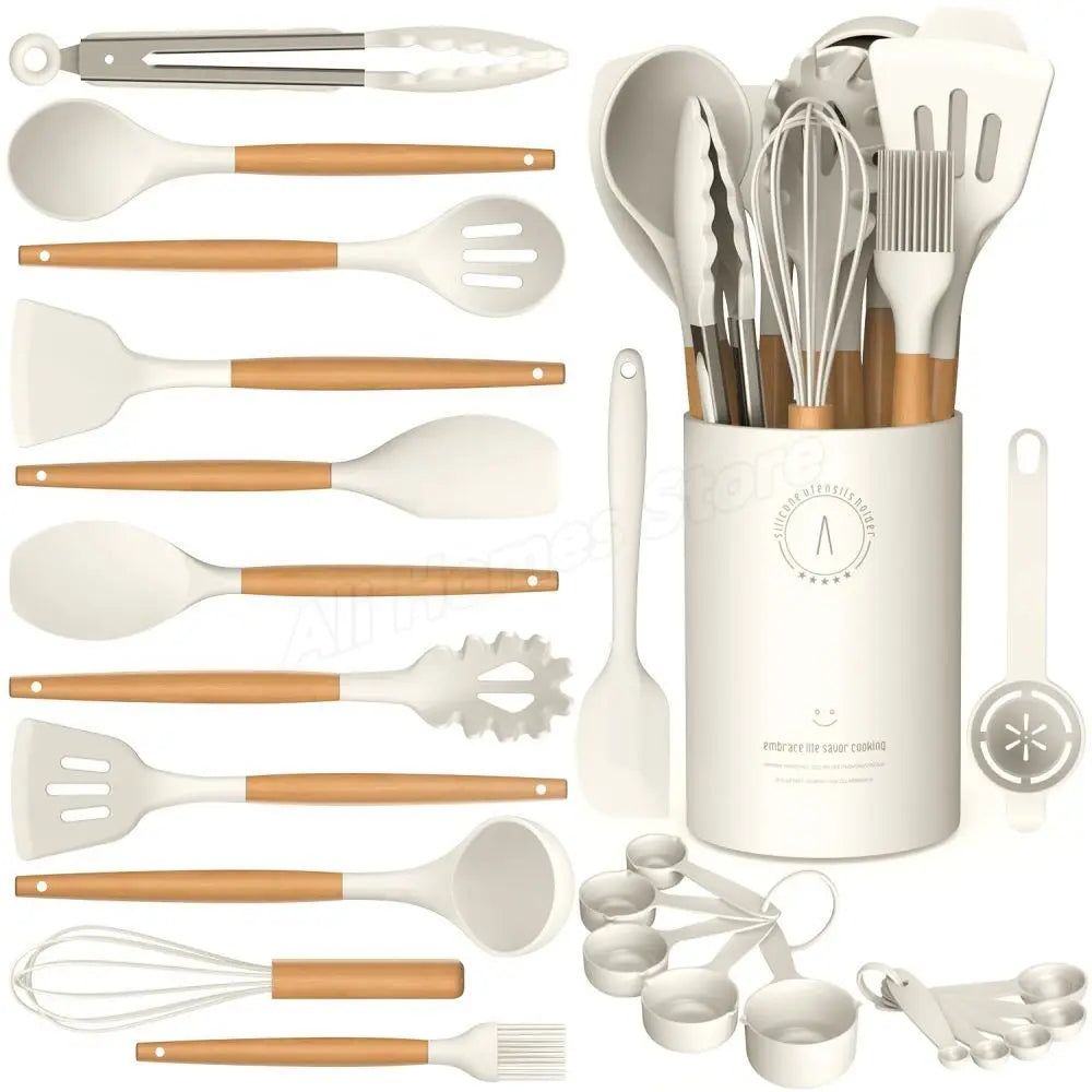 12 Pcs Silicone Cooking Utensils Kitchen Utensil Set - Heat Resistant Non-Toxic BPA Free Spatula Set with Turner Tongs,Spoon,Brush,Whisk-Wooden Handles Kitchen Gadgets Tools Set for Nonstick Cookware