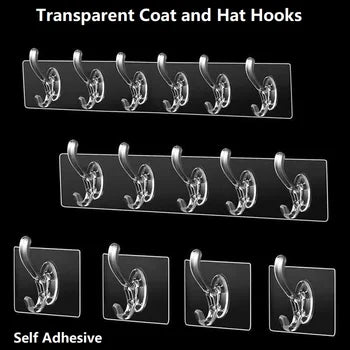 6Row Multipurpose Hooks Nail-free Transparent Holder Strong Self Adhesive Wall Hook Kitchen Bathroom Traceless Hanger Stickers