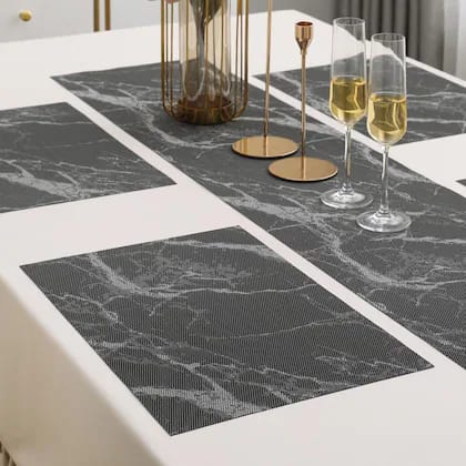 7Pcs Table Mat & Table Runner Brown Marble Design Set Heat Resistant Placemats, Stain Resistant Washable PVC Table Mats for Dining Table Woven Placemat