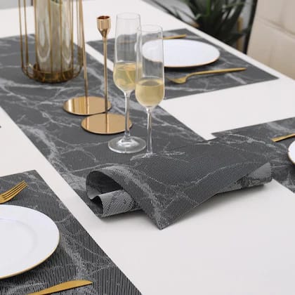 7Pcs Table Mat & Table Runner Brown Marble Design Set Heat Resistant Placemats, Stain Resistant Washable PVC Table Mats for Dining Table Woven Placemat