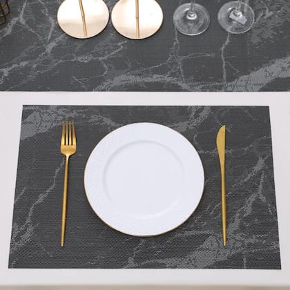 7Pcs Table Mat & Table Runner Brown Marble Design Set Heat Resistant Placemats, Stain Resistant Washable PVC Table Mats for Dining Table Woven Placemat