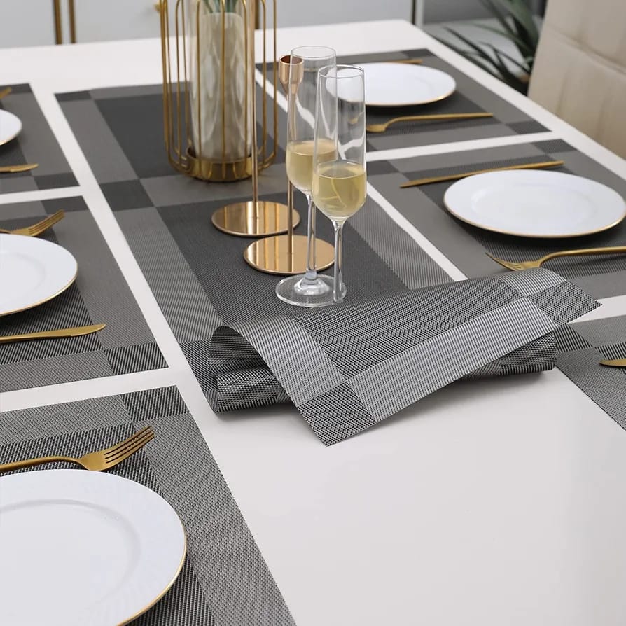 7Pcs Table Mat & Table Runner Dark Grey Color Set Heat Resistant Placemats, Stain Resistant Washable PVC Table Mats for Dining Table Woven Placemat