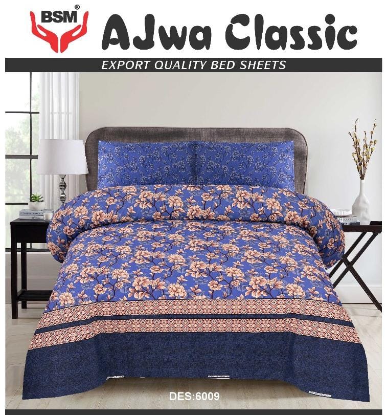 AJWA CLASSIC DOUBLE BEDSHEET BED SHEET SIZE 90" X 100" 2 PILLOW CASES SIZE 19" X 29"  3 PIECES SET