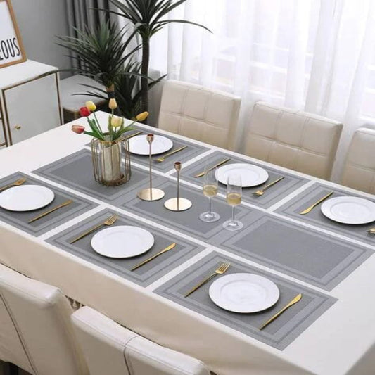 7Pcs Table Mat & Table Runner New Grey Color Set Heat Resistant Placemats, Stain Resistant Washable PVC Table Mats for Dining Table Woven Placemat