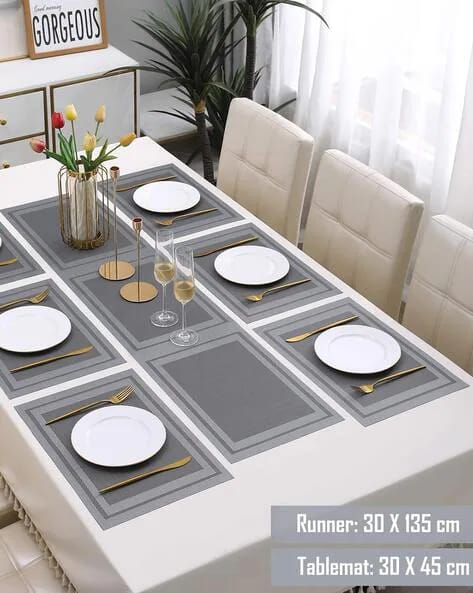 7Pcs Table Mat & Table Runner New Grey Color Set Heat Resistant Placemats, Stain Resistant Washable PVC Table Mats for Dining Table Woven Placemat