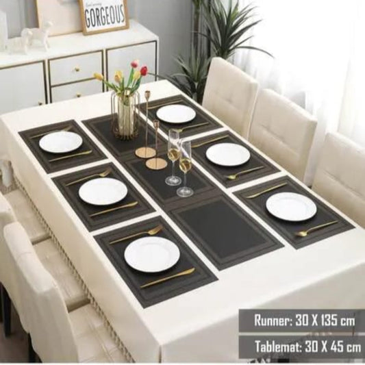 7Pcs Table Mat & Table Runner Black n Golden Color Set Heat Resistant Placemats, Stain Resistant Washable PVC Table Mats for Dining Table Woven Placemat