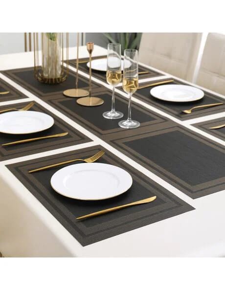 7Pcs Table Mat & Table Runner Black n Golden Color Set Heat Resistant Placemats, Stain Resistant Washable PVC Table Mats for Dining Table Woven Placemat
