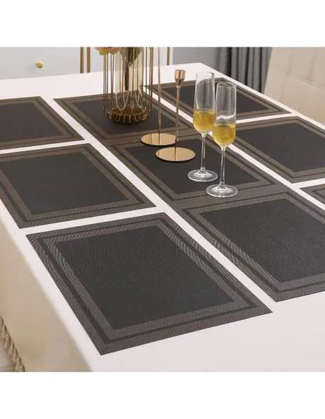 7Pcs Table Mat & Table Runner Black n Golden Color Set Heat Resistant Placemats, Stain Resistant Washable PVC Table Mats for Dining Table Woven Placemat