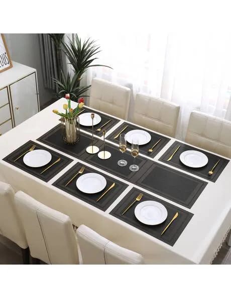 7Pcs Table Mat & Table Runner Black n Golden Color Set Heat Resistant Placemats, Stain Resistant Washable PVC Table Mats for Dining Table Woven Placemat