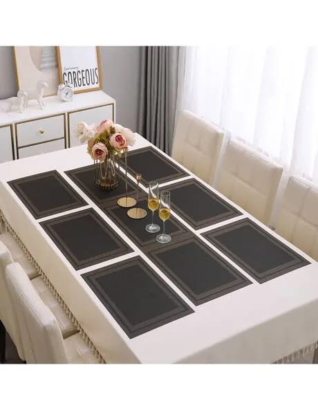 7Pcs Table Mat & Table Runner Black n Golden Color Set Heat Resistant Placemats, Stain Resistant Washable PVC Table Mats for Dining Table Woven Placemat