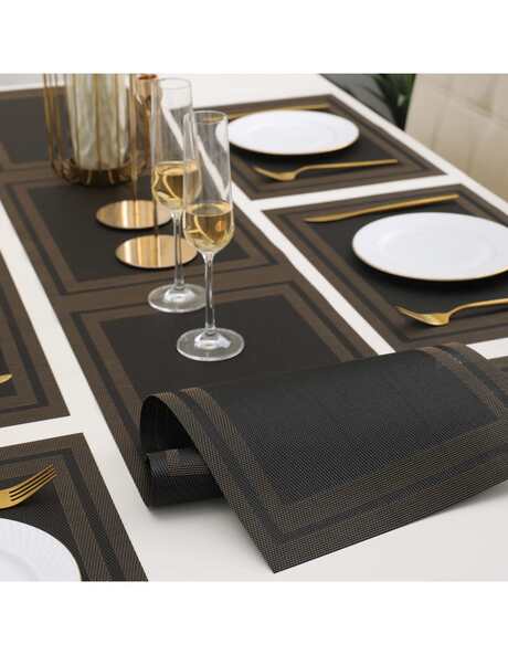 7Pcs Table Mat & Table Runner Black n Golden Color Set Heat Resistant Placemats, Stain Resistant Washable PVC Table Mats for Dining Table Woven Placemat