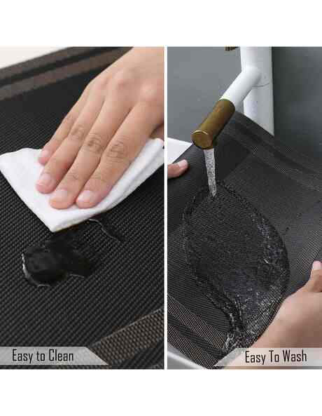 7Pcs Table Mat & Table Runner Black n Golden Color Set Heat Resistant Placemats, Stain Resistant Washable PVC Table Mats for Dining Table Woven Placemat