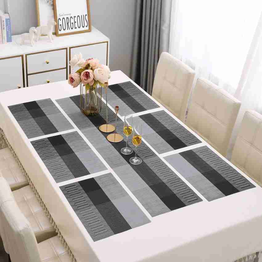 7Pcs Table Mat & Table Runner New Grey Black Color Set Heat Resistant Placemats, Stain Resistant Washable PVC Table Mats for Dining Table Woven Placemat