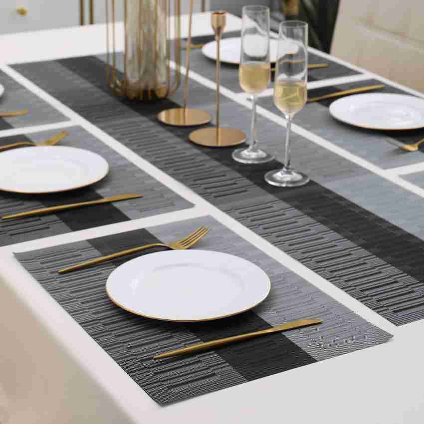 7Pcs Table Mat & Table Runner New Grey Black Color Set Heat Resistant Placemats, Stain Resistant Washable PVC Table Mats for Dining Table Woven Placemat