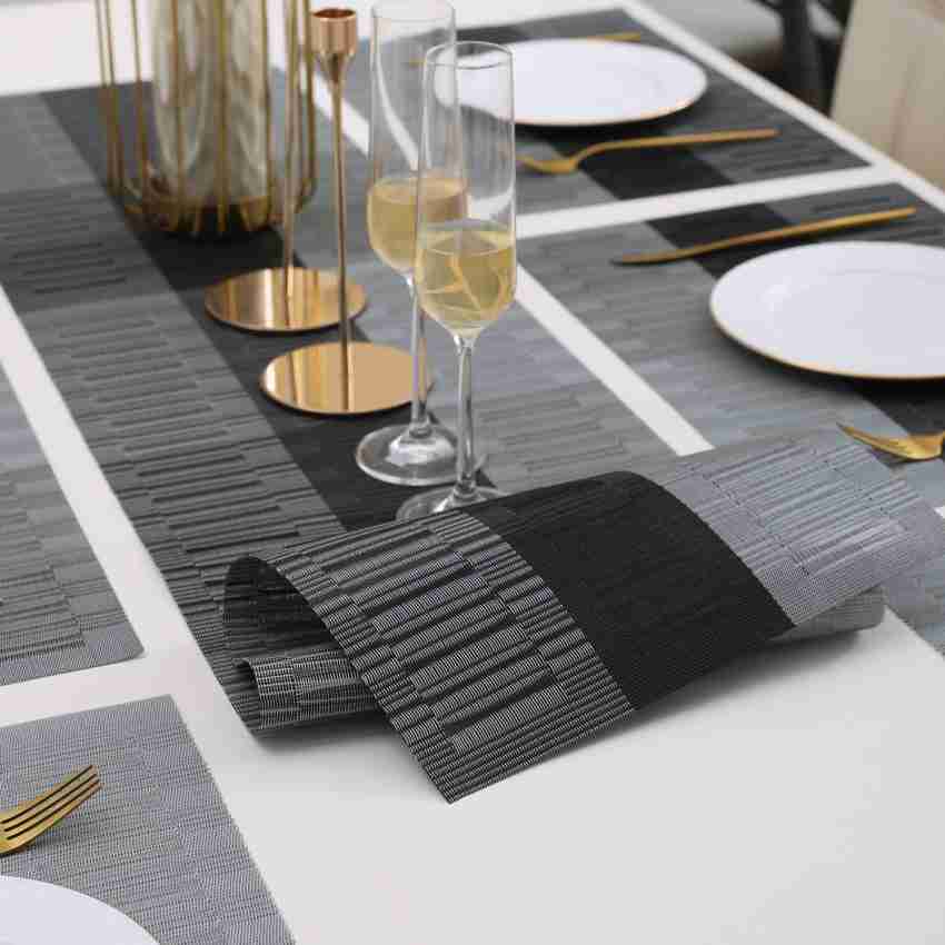 7Pcs Table Mat & Table Runner New Grey Black Color Set Heat Resistant Placemats, Stain Resistant Washable PVC Table Mats for Dining Table Woven Placemat