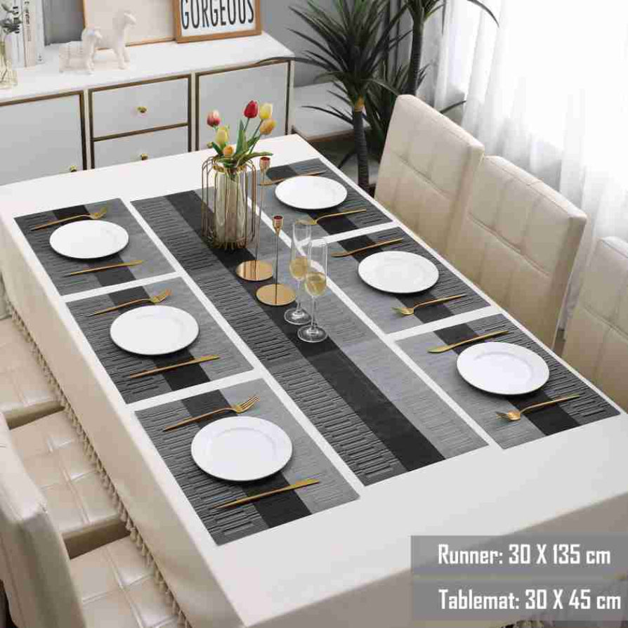 7Pcs Table Mat & Table Runner New Grey Black Color Set Heat Resistant Placemats, Stain Resistant Washable PVC Table Mats for Dining Table Woven Placemat