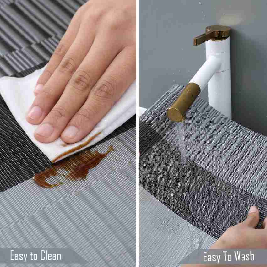 7Pcs Table Mat & Table Runner New Grey Black Color Set Heat Resistant Placemats, Stain Resistant Washable PVC Table Mats for Dining Table Woven Placemat