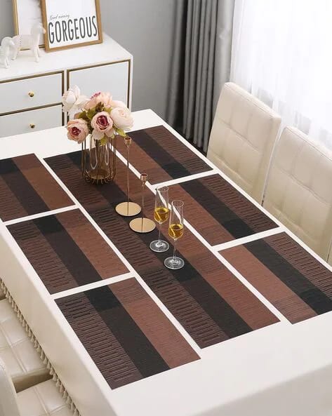 7Pcs Table Mat & Table Runner New Brown  Black Color Set Heat Resistant Placemats, Stain Resistant Washable PVC Table Mats for Dining Table Woven Placemat