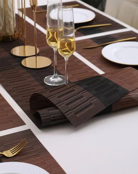 7Pcs Table Mat & Table Runner New Brown  Black Color Set Heat Resistant Placemats, Stain Resistant Washable PVC Table Mats for Dining Table Woven Placemat